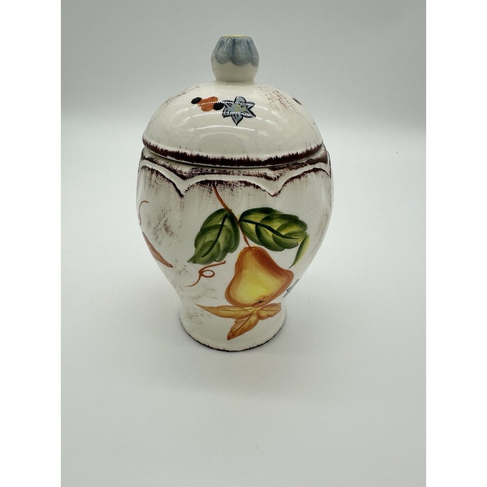 W CL Ceramic Fruit Canister Jar Lid Hand Painted Grapes Pear Apple White 8in - Picture 2 of 7
